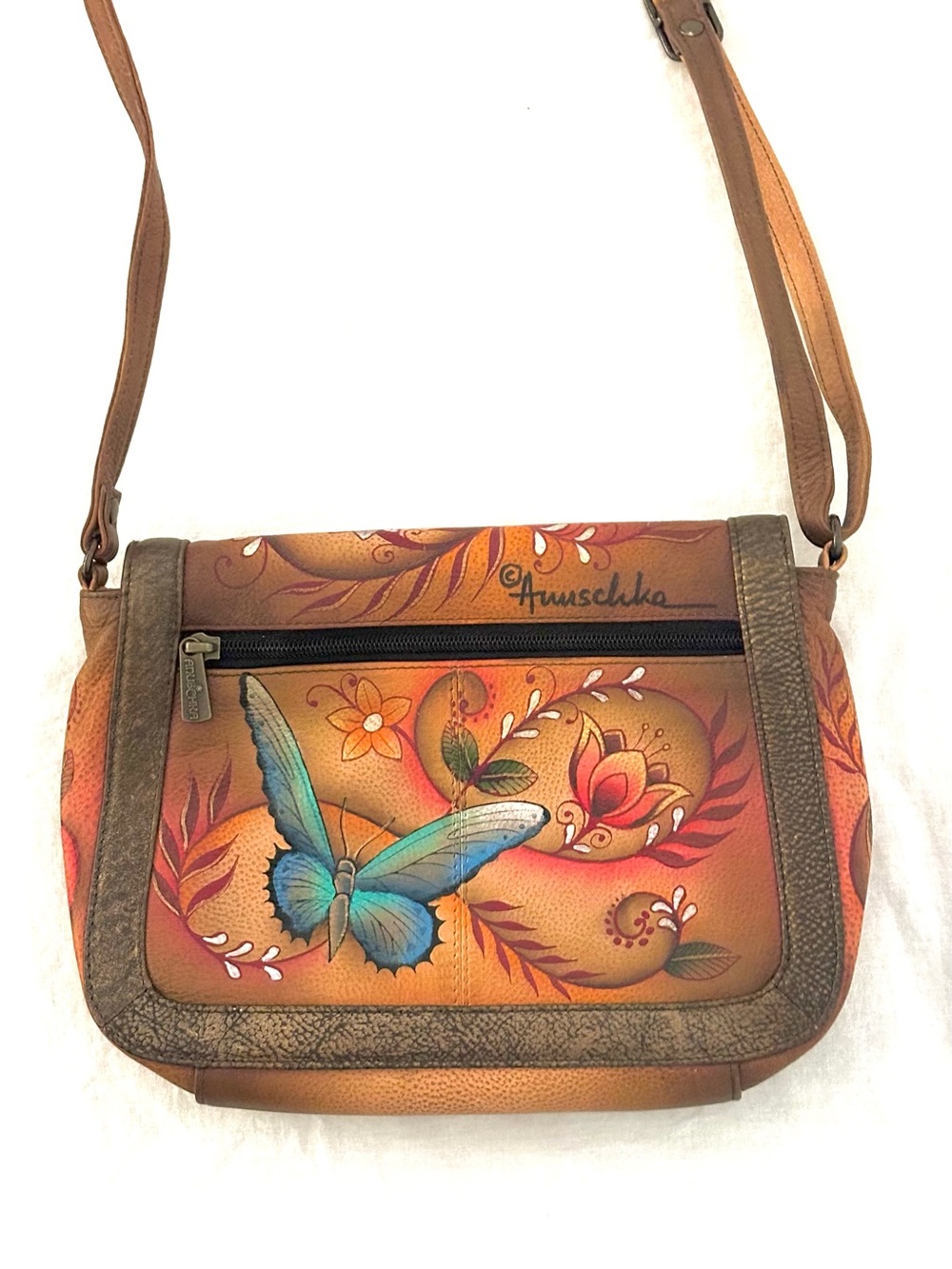 Anuschka Hand-Painted Leather Teal Hummingbird Crossbody Bag New - Picture 4 of 16